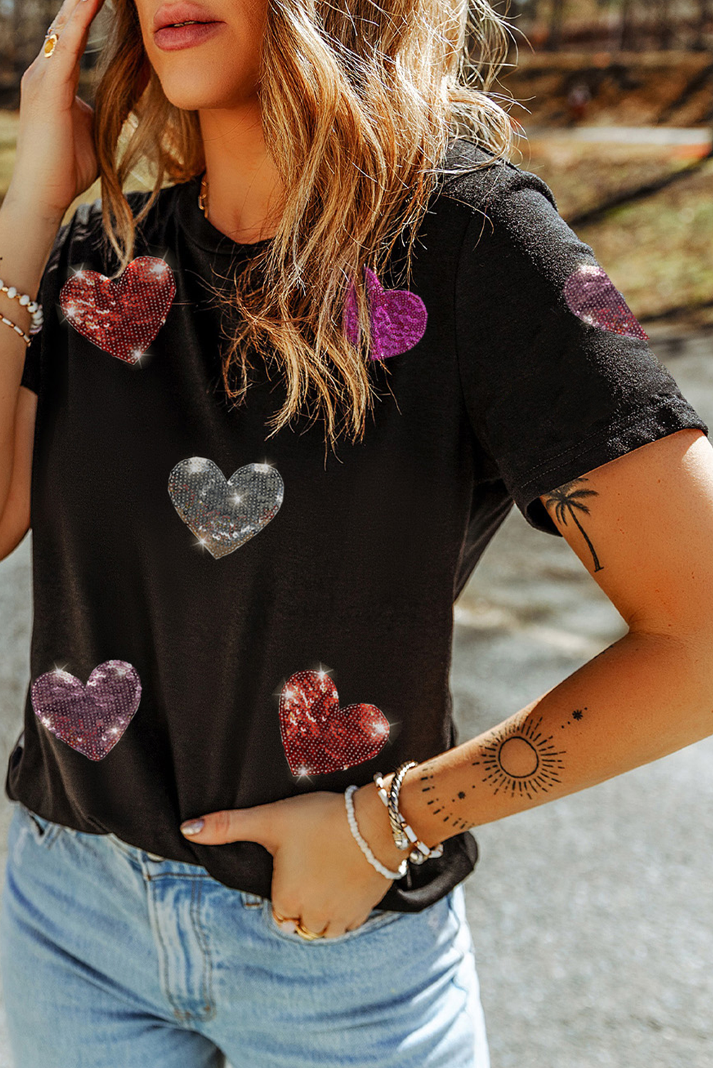 Black Sequin Heart Pattern Crewneck Valentines Tee