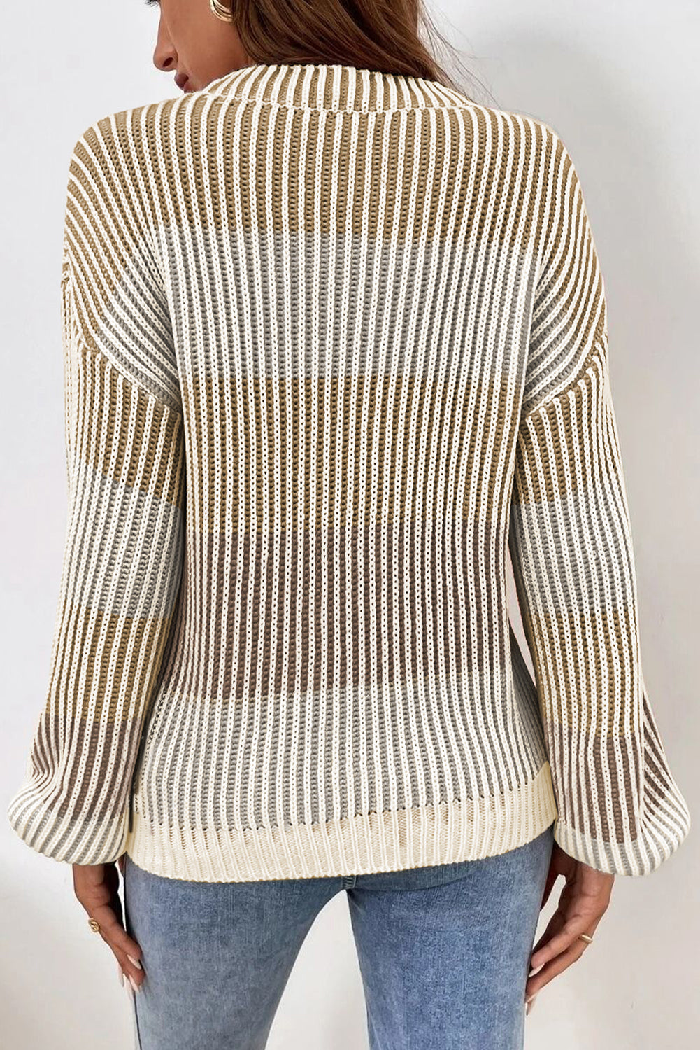 Colorblock Lantern Sleeve Rib Knitted Sweater