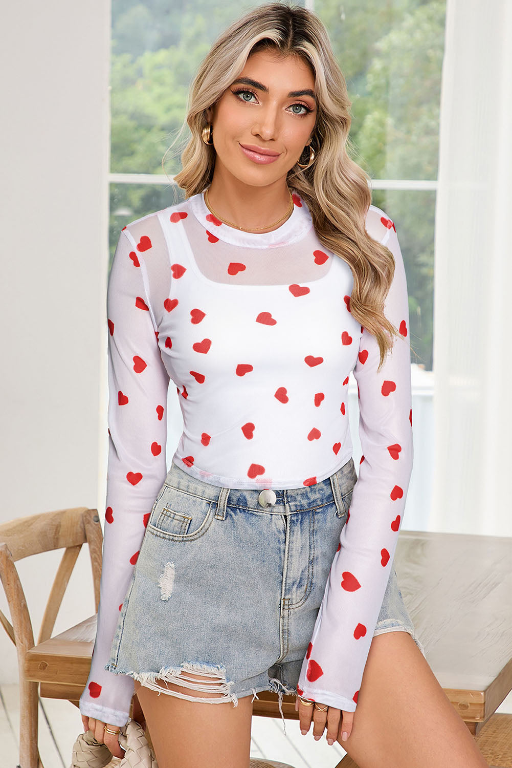 White Heart Print Mesh Long Sleeve Top