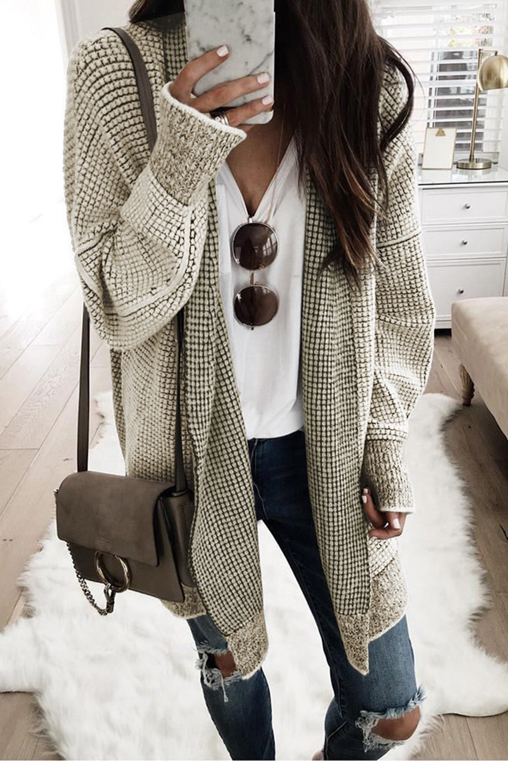 Plaid Casual Contrast Trim Knit Cardigan