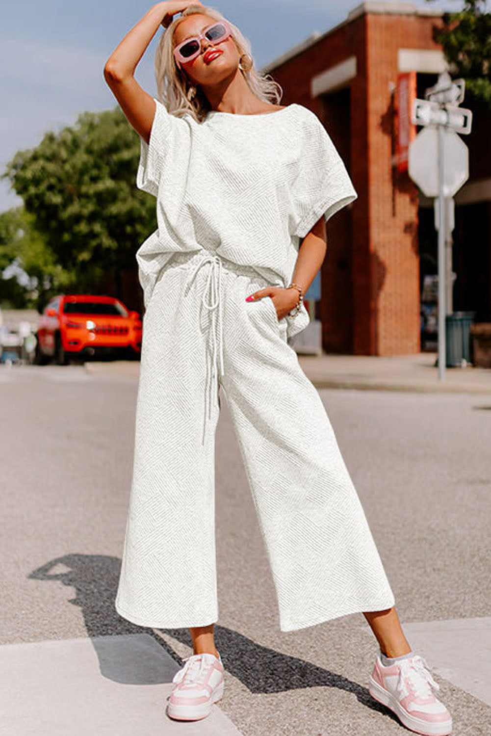 White Textured Long Sleeve Top and Drawstring Shorts Set