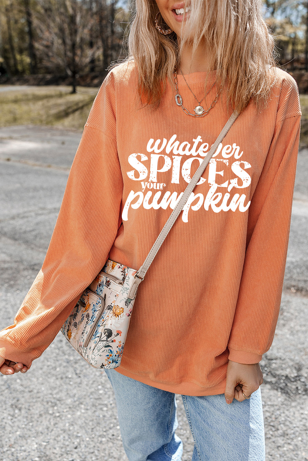 Crinkle Rib Whatever Spices Your Pumpkin Graphic Sweatshirt