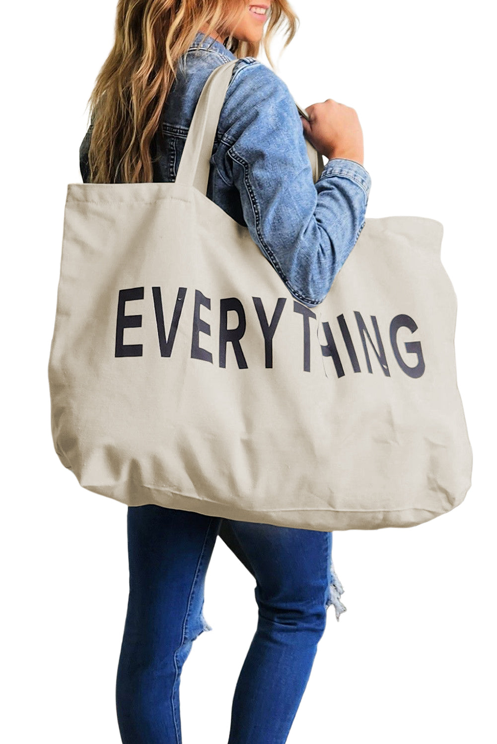 White EVERYTHING Letter Print Large Canvas Tote Bag