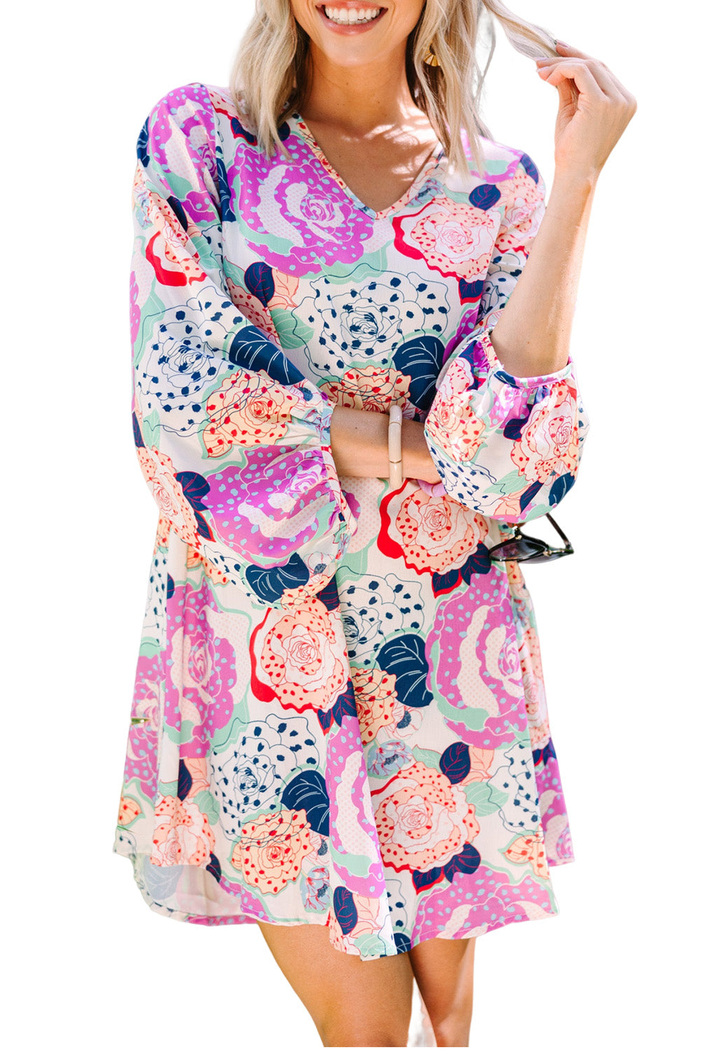 Bracelet Bubble Sleeve Blooming Flower Print Dress