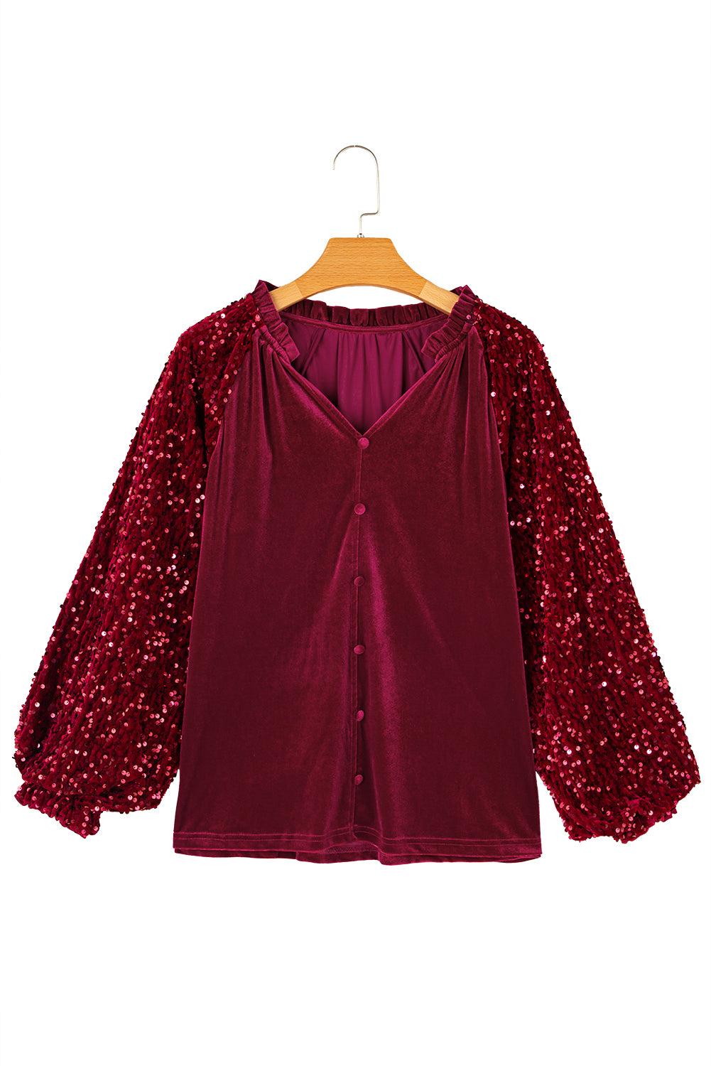 Dahlia Velvet Sequin Patchwork Sleeve Button Up Blouse