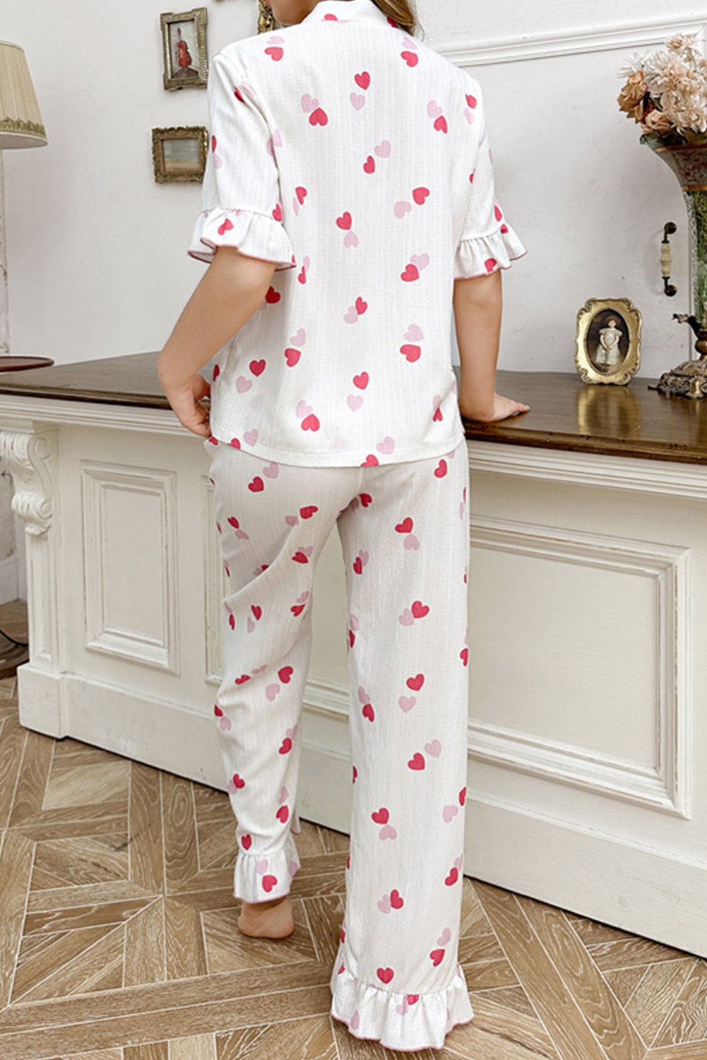 White Heart Print Crinkle Ruffle Hem Pajama Set