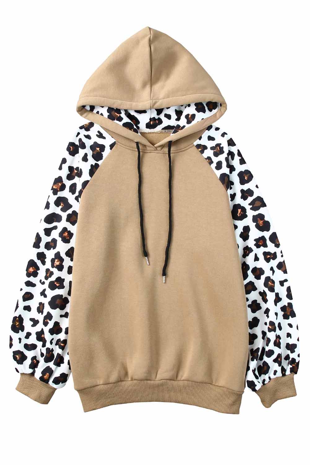 Khaki Leopard Bishop Sleeve Drawstring Hoodie