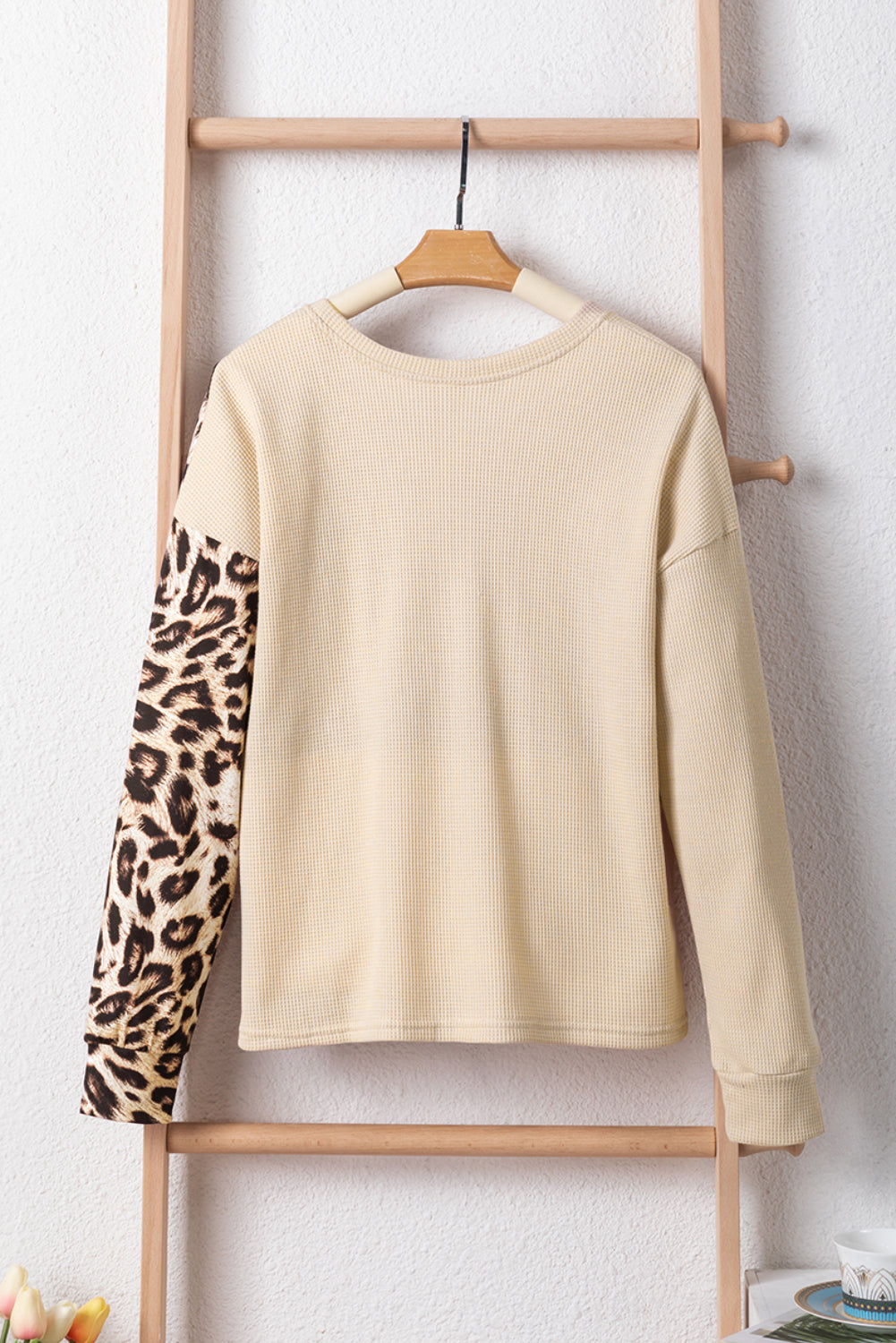 Casual Waffle Knit Leopard Contrast Long Sleeve Top