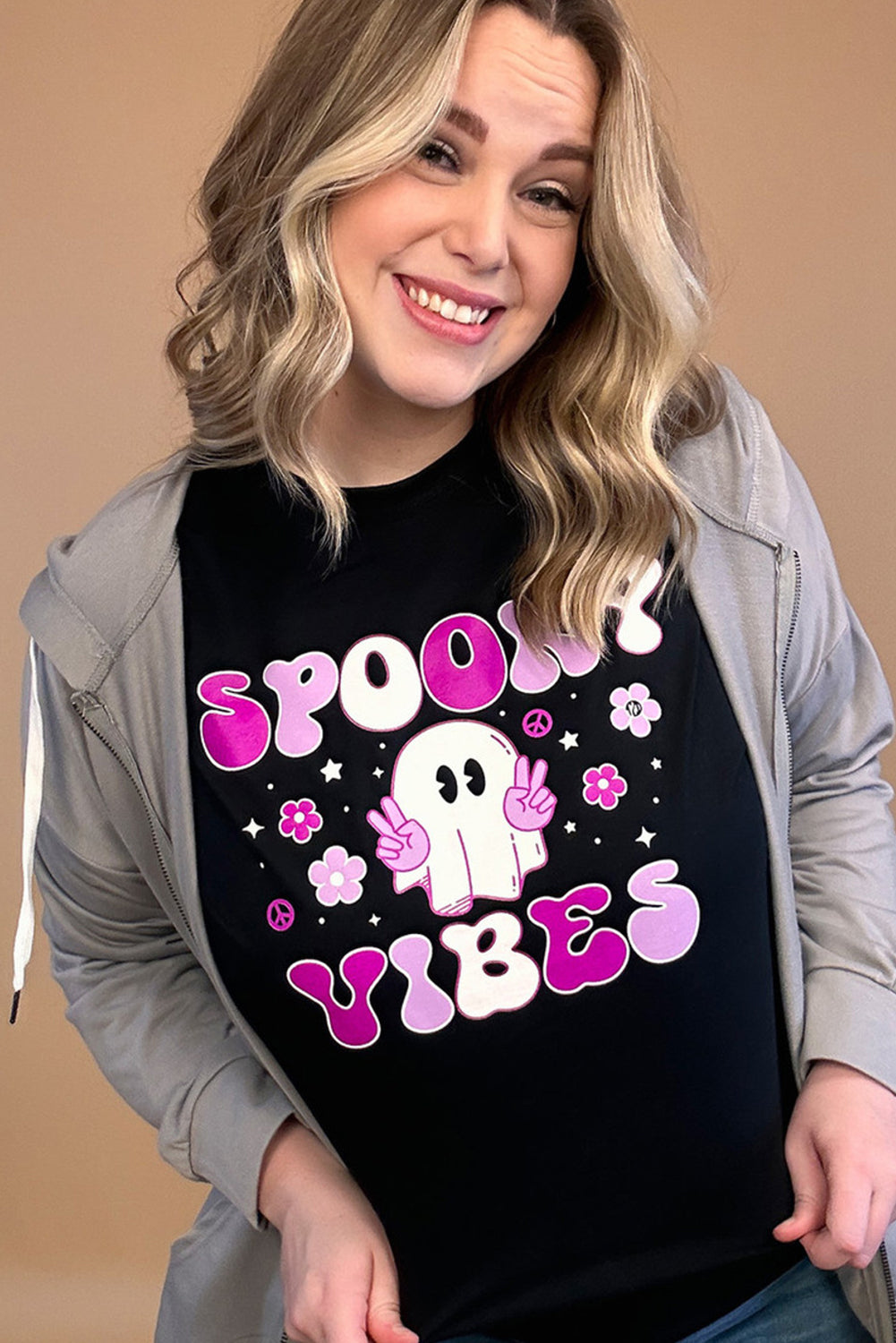 SPOOKY VIBES Ghost Flower Graphic Crew Neck T Shirt