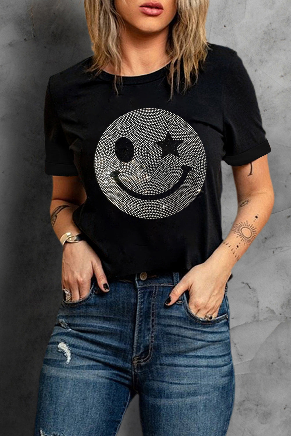 Sparkle Rhinestone Smiley Face Graphic T Shirt