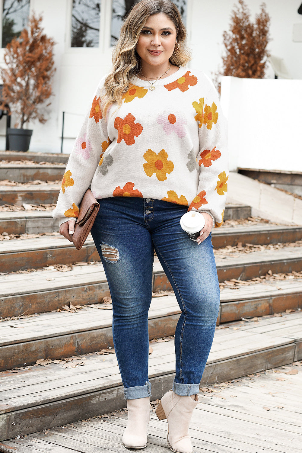 White Plus Size Flower Pattern Ribbed Trim Casual Sweater