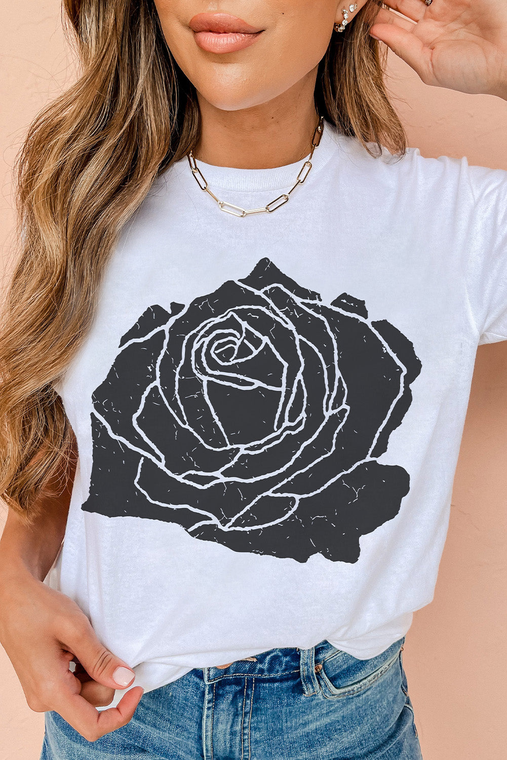 Large Rose Graphic Crew Neck T Shirt