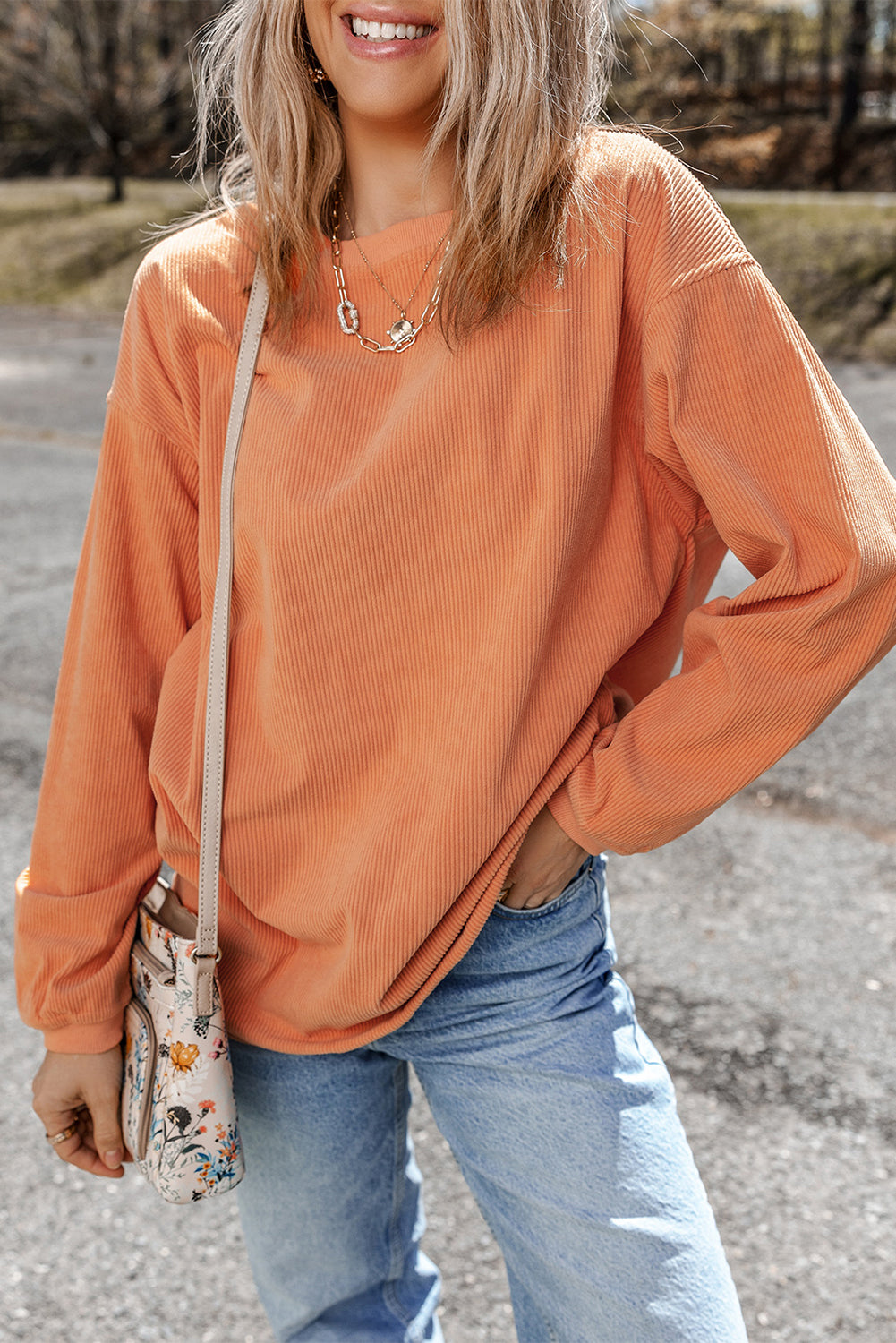 Orange HELLO PUMPKIN Letter Graphic Corded Sweatshirt