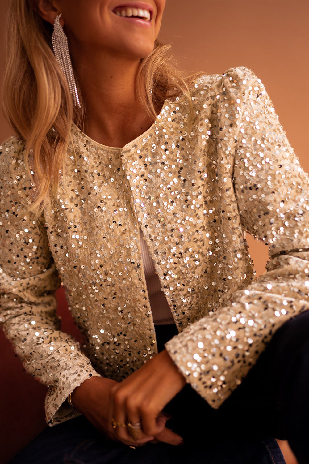 Black Sequin Open Front Collarless Jacket