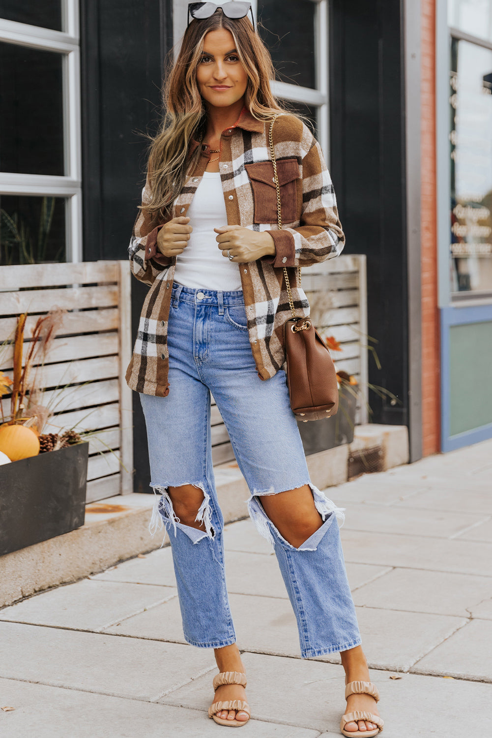 Pocketed Buttoned Plaid Shirt Jacket