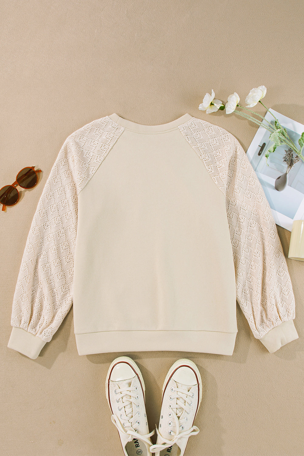 Eyelet Knit Patchwork Raglan Sleeve Sweatshirt