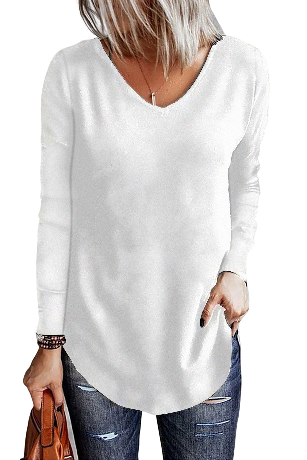 White Solid Color V Neck Long Sleeve Knit Top