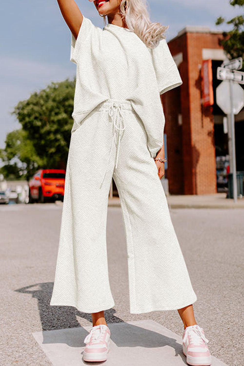 White Textured Long Sleeve Top and Drawstring Shorts Set