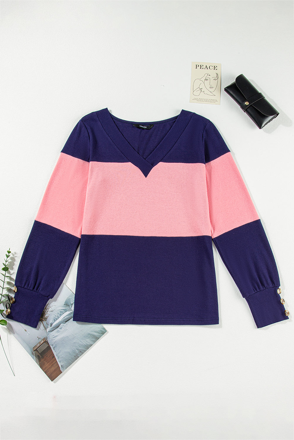 Colorblock Button Decor Cuffs V Neck Top