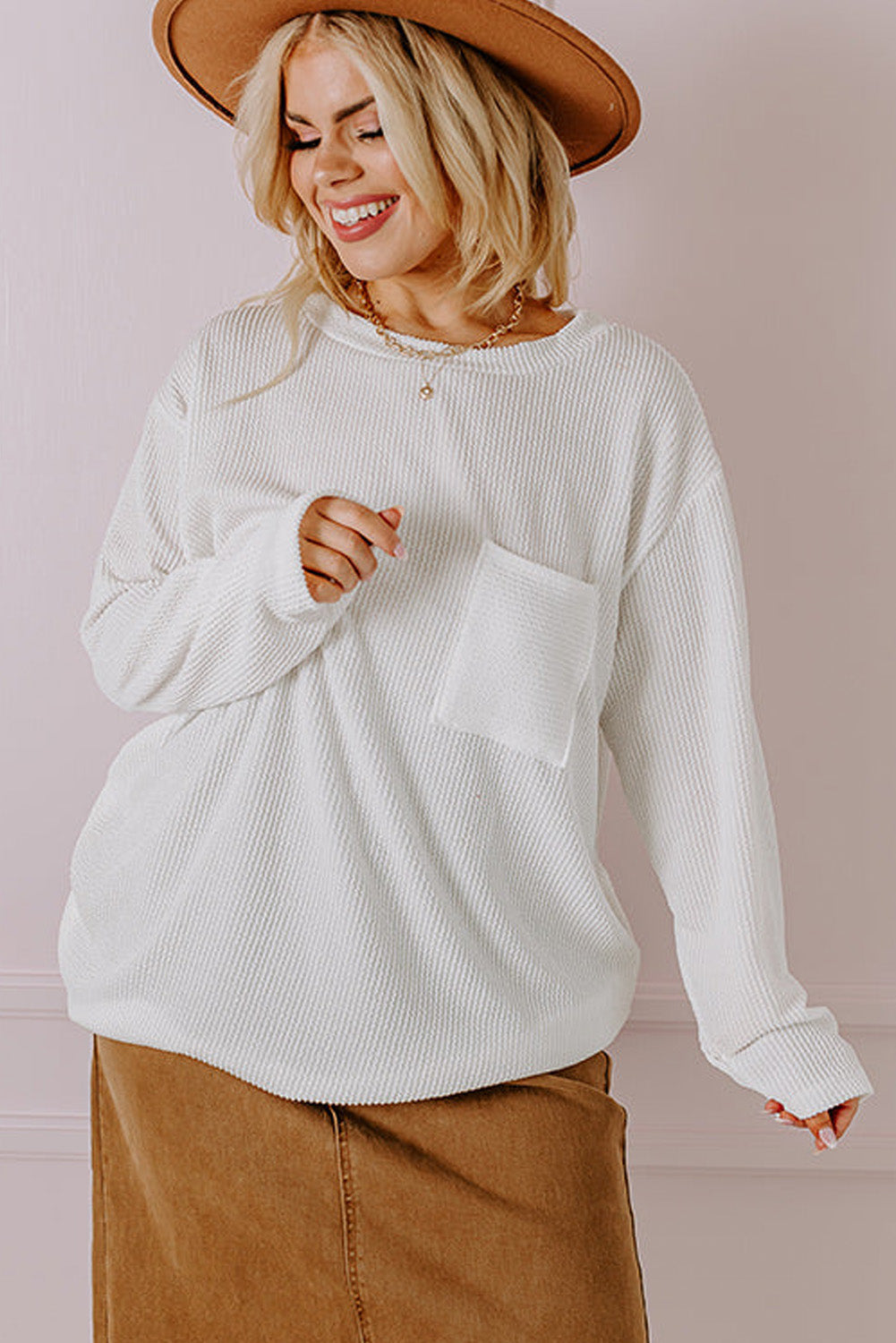 Plus Size Ribbed Textured Pocketed Long Sleeve Top