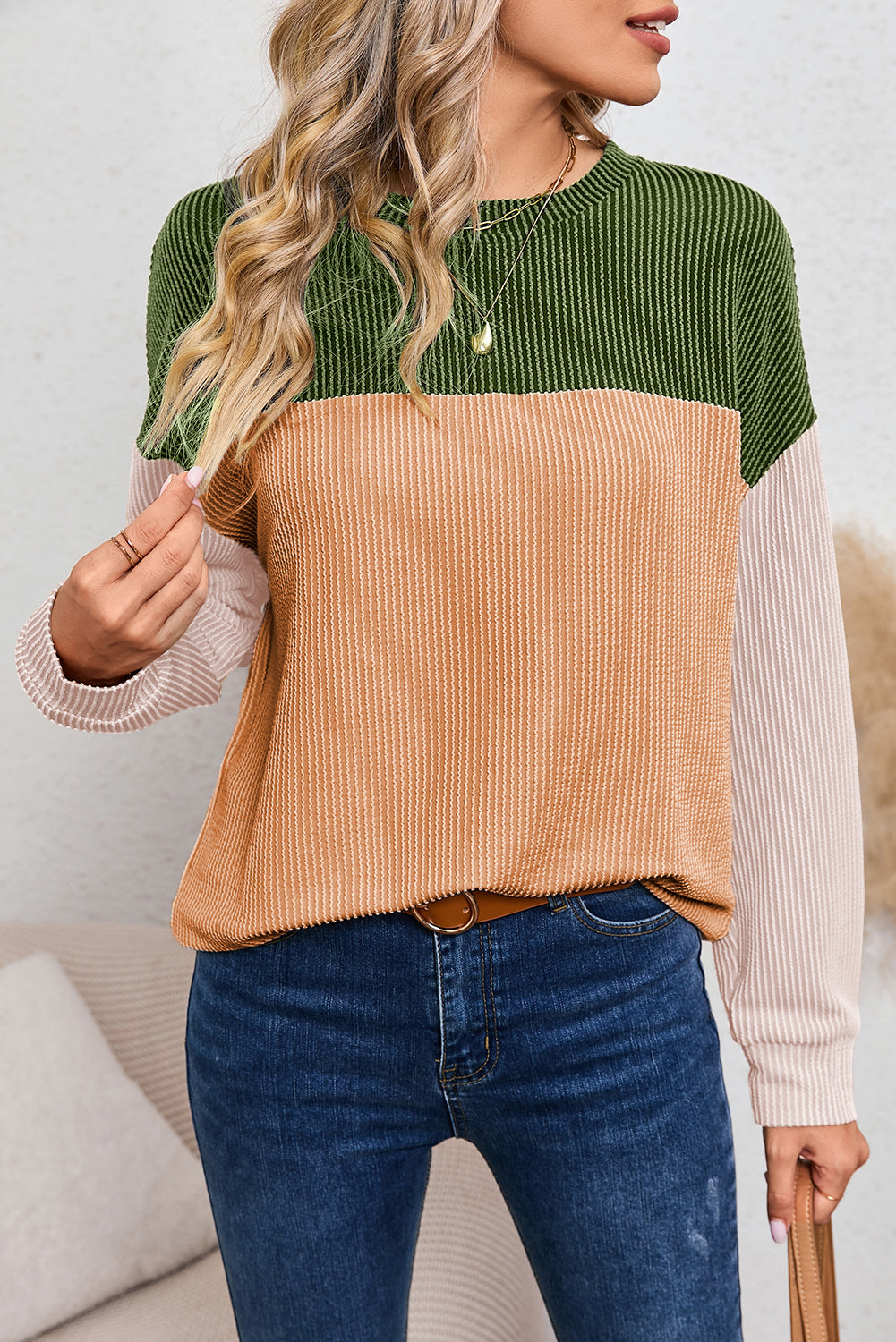 Ribbed Color Block Long Sleeve Top