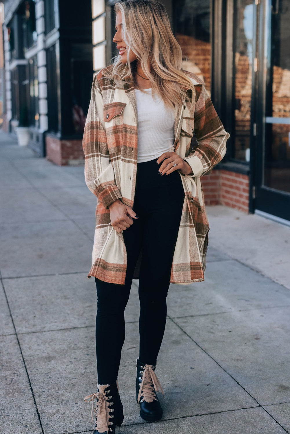 Plus Size Plaid Flap Pockets Shacket