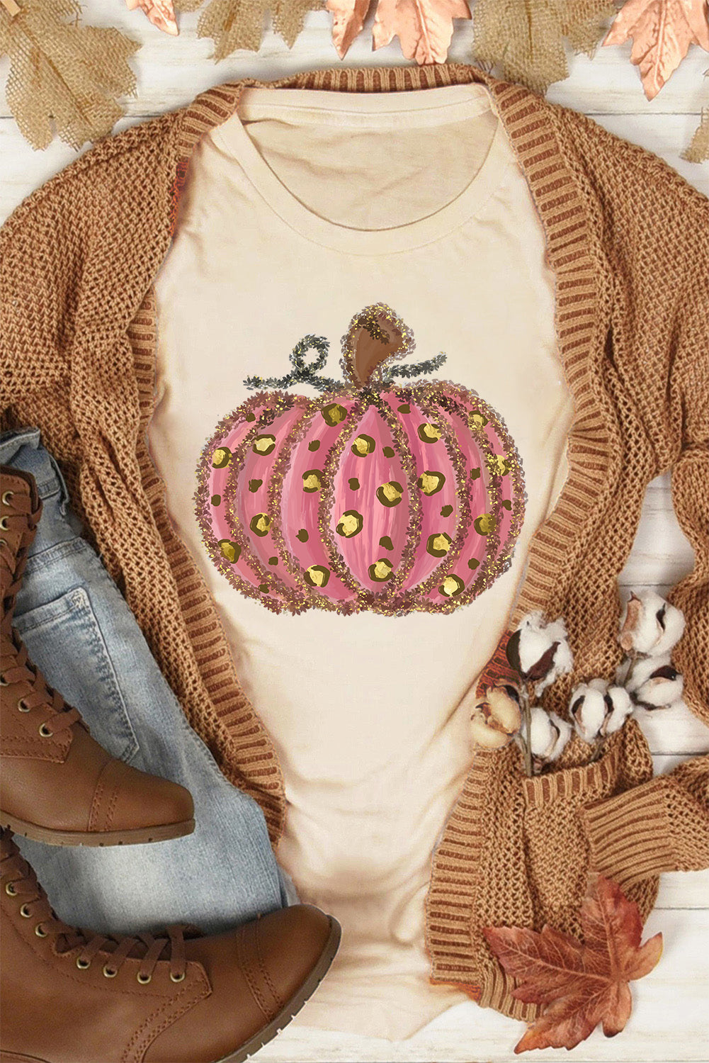 Leopard Pumpkin Graphic Round Neck T Shirt