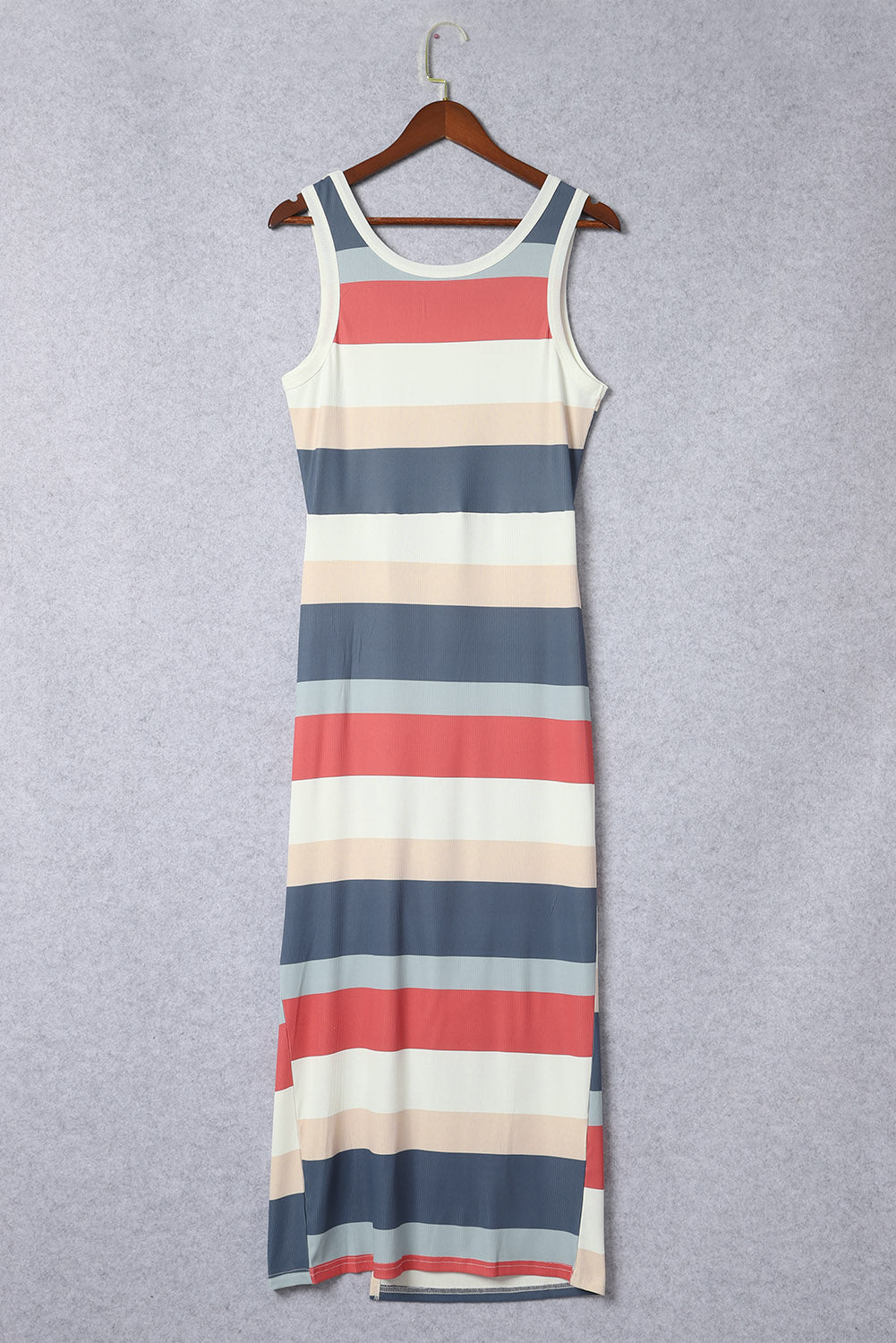 Striped Color Block Ribbed Knit Lace-up Slit Tank Dress