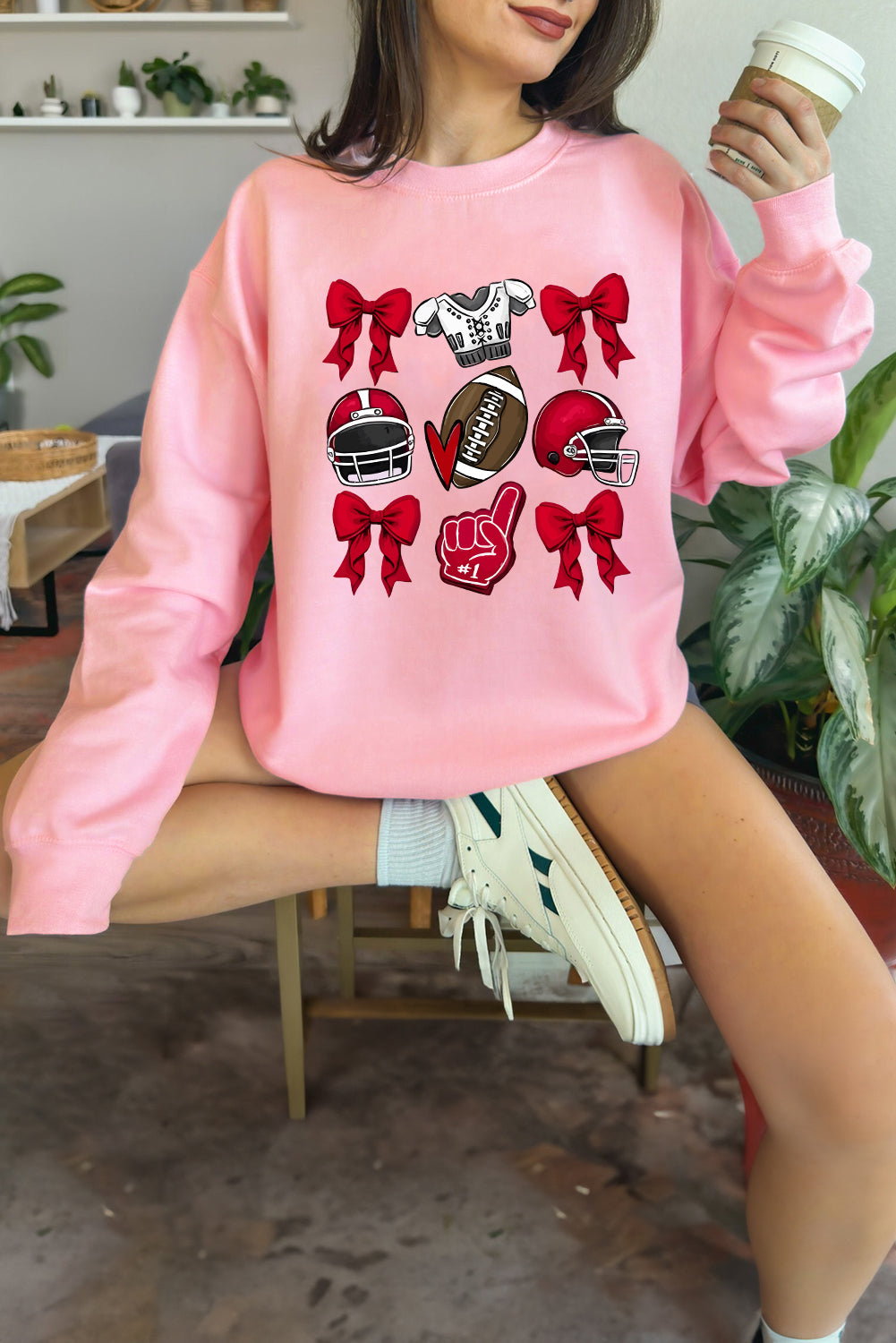 Pink Game Day Rugby Bowknot Graphic Sweatshirt