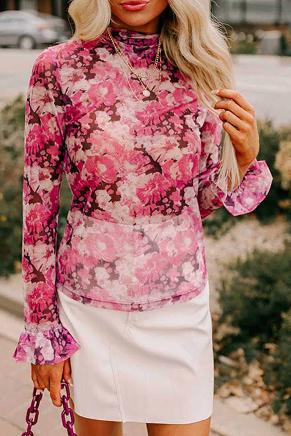 Rose All Over Floral Print Mesh Top