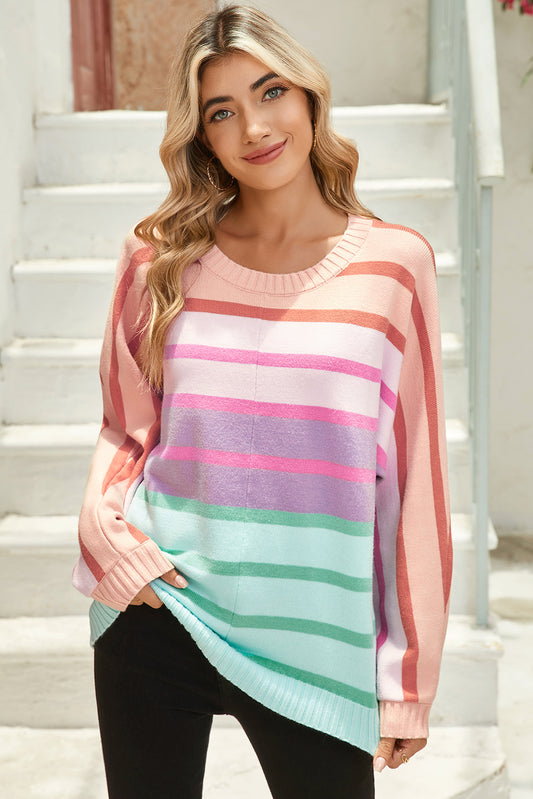 Striped Ribbed Edge Gradient Loose Sweater