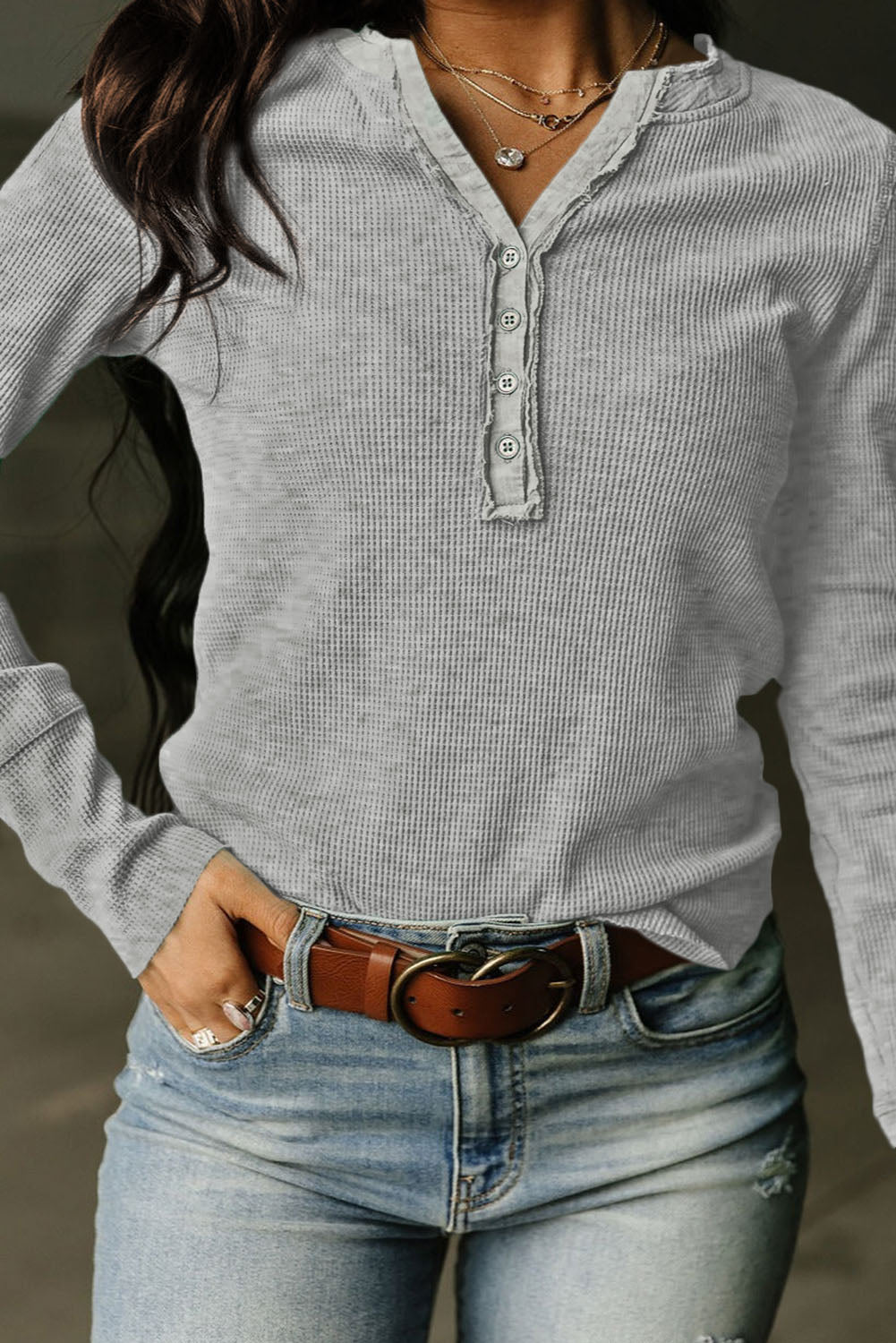 Gray Trimmed Neckline Waffle Knit Henley Top