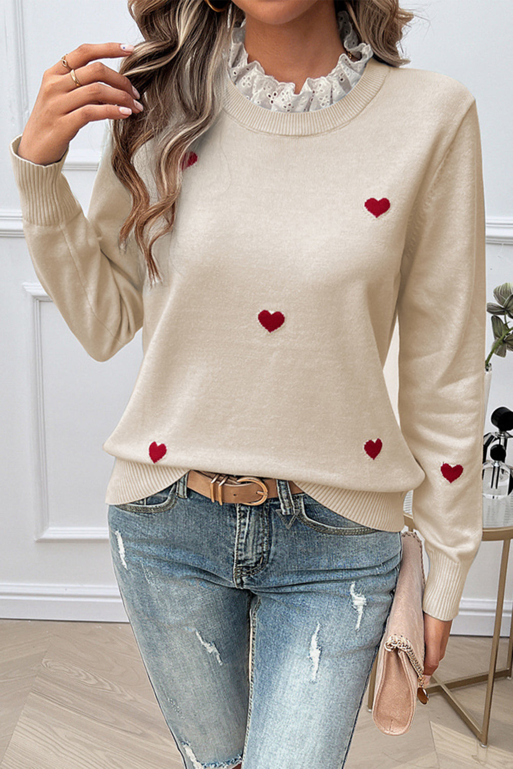 Beige Embroidered Heart Shaped Long Sleeved Sweater