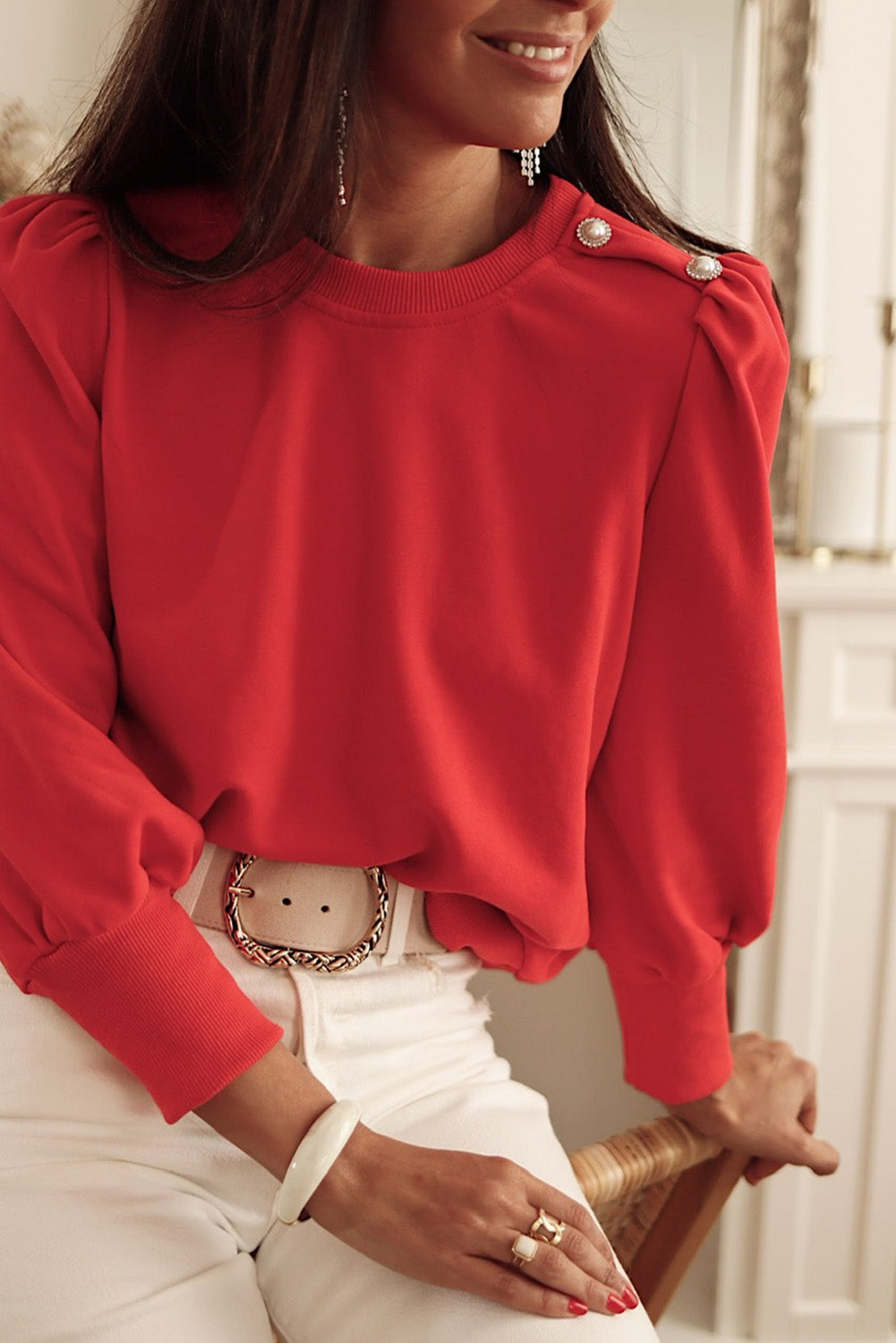 Button Tab Detail Round Neck Long Sleeve Top