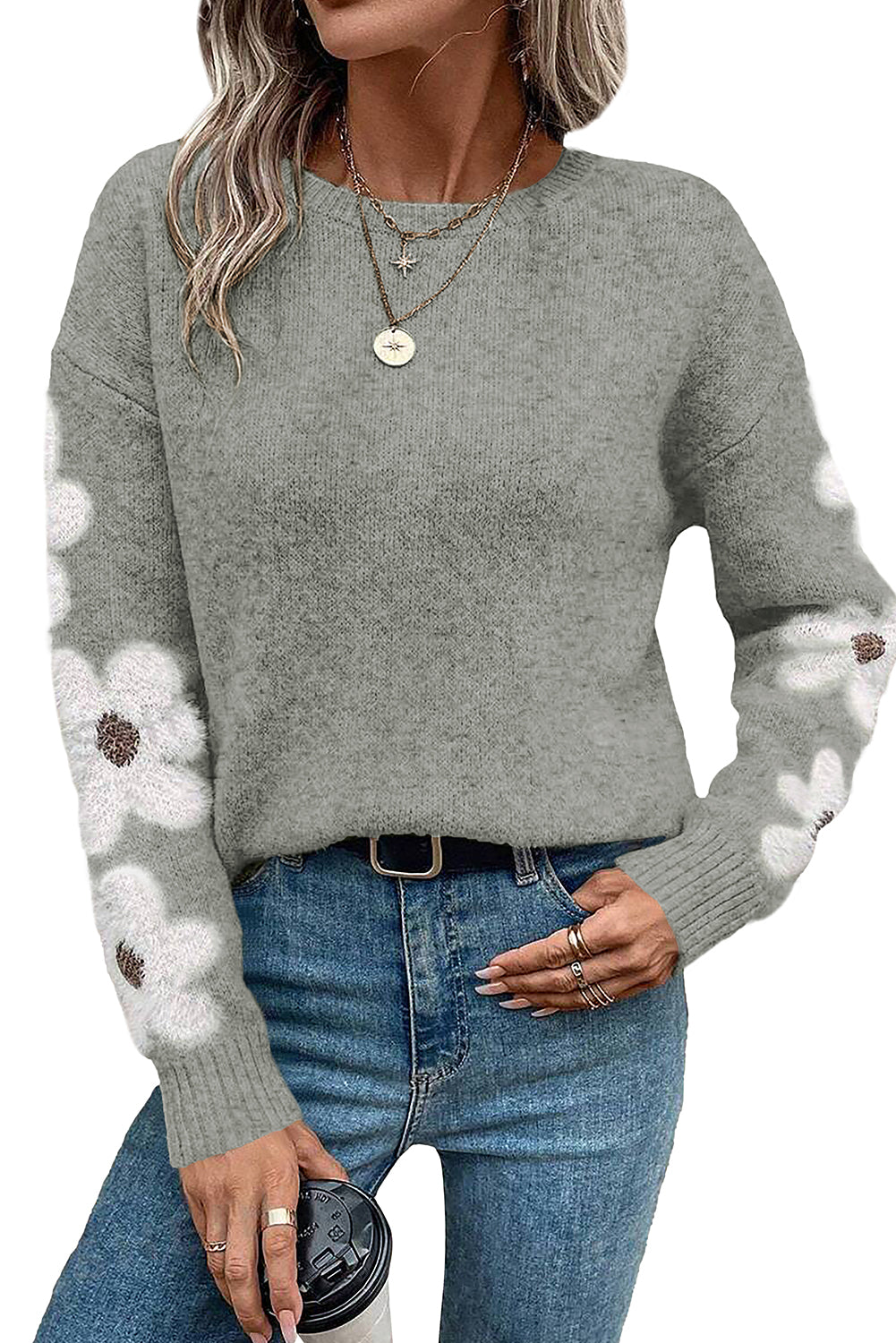 Flower Sleeve Drop Shoulder Sweater