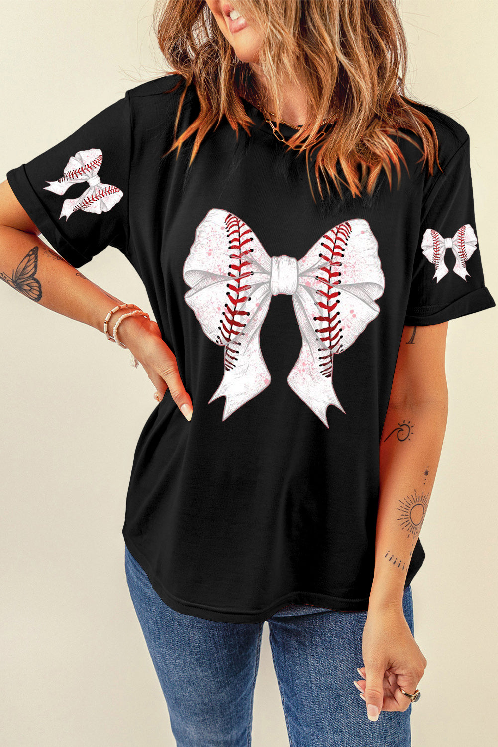 Red Bow Tie Baseball Print Graphic Tee