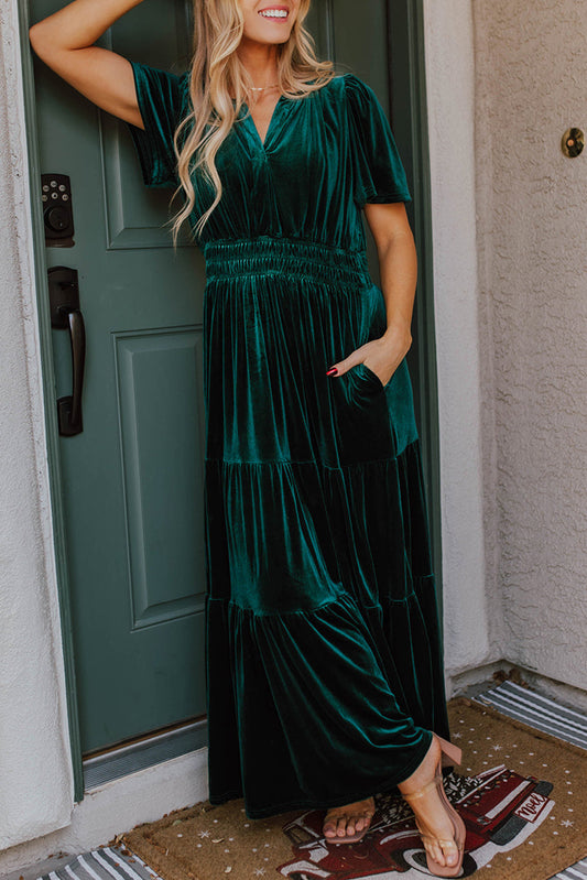 Velvet Puff Short Sleeve Smocked Waist Tiered Maxi Dress