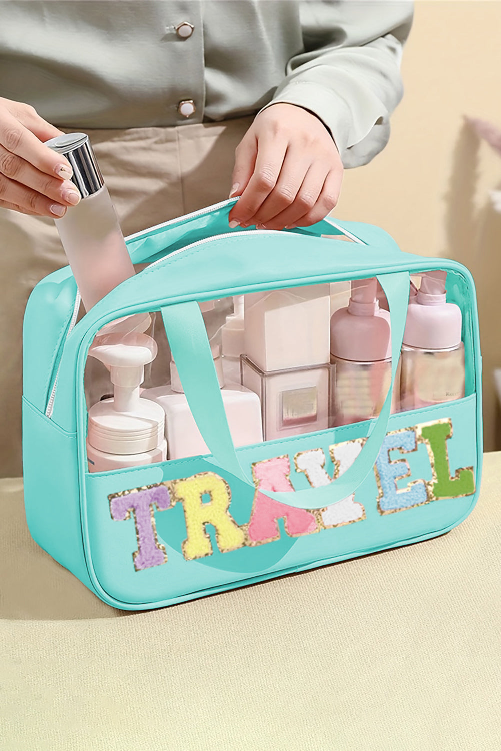 TRAVEL Chenille Letter Clear PVC Makeup Bag