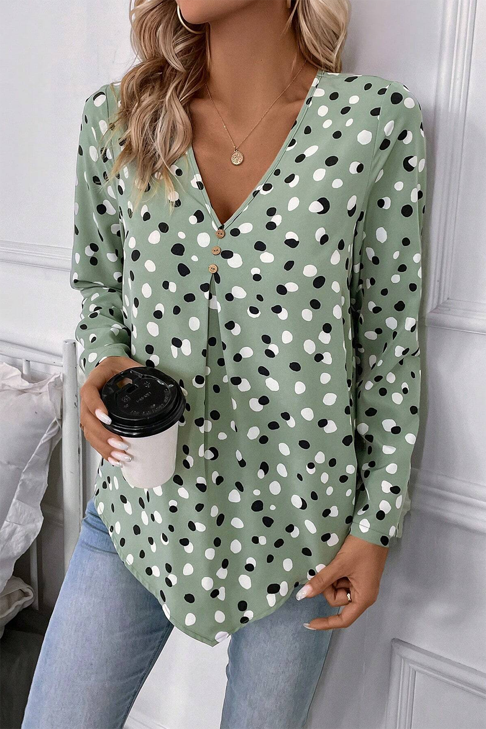 Dotted Print Button Front V Neck Blouse