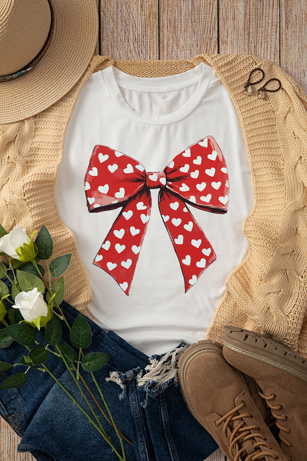 White Heart Bow Printed Crewneck Valentines T Shirt