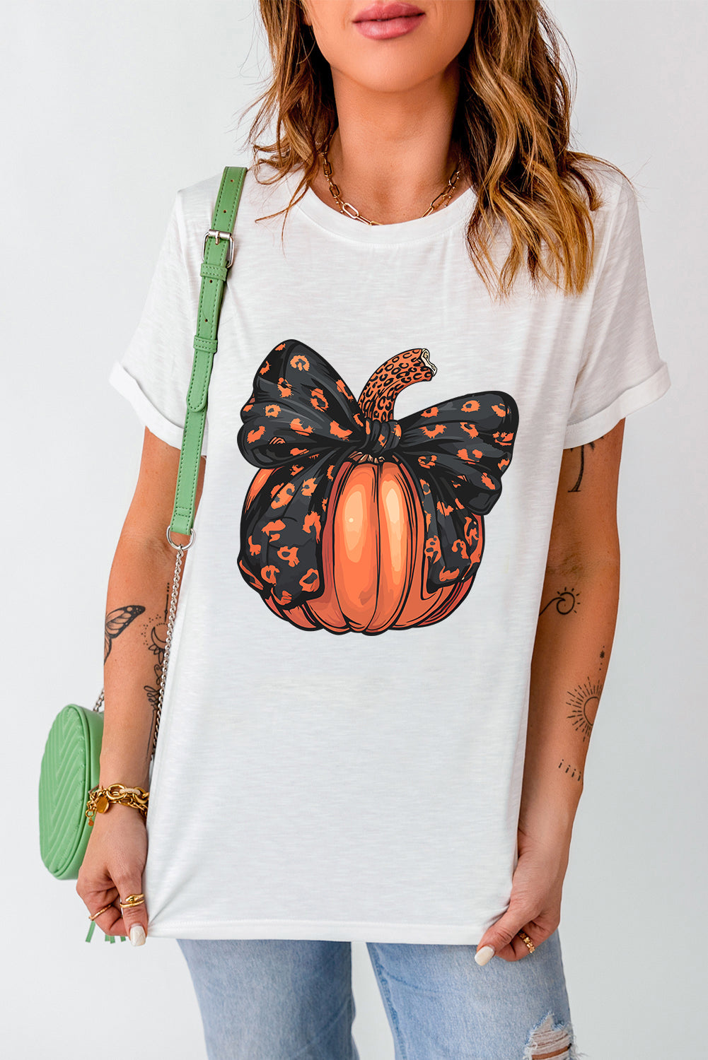 Halloween Bowknot Pumpkin Graphic Crewneck T Shirt