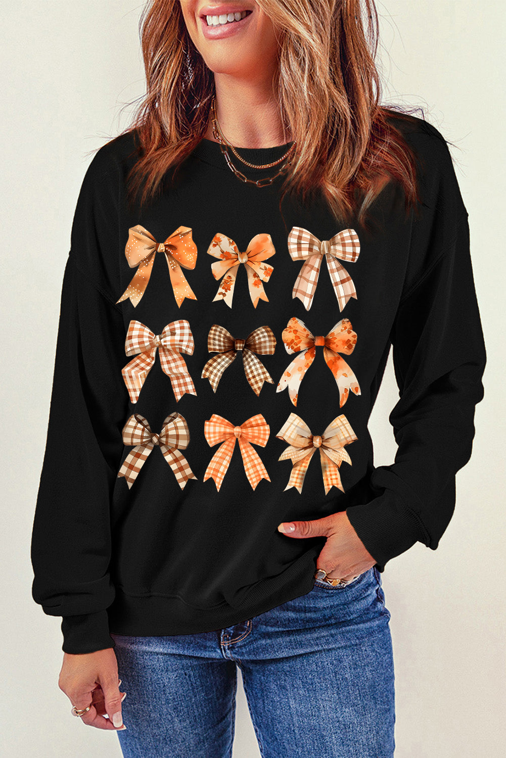 Plaid Bowknot Graphic Round Neck Sweatshirt