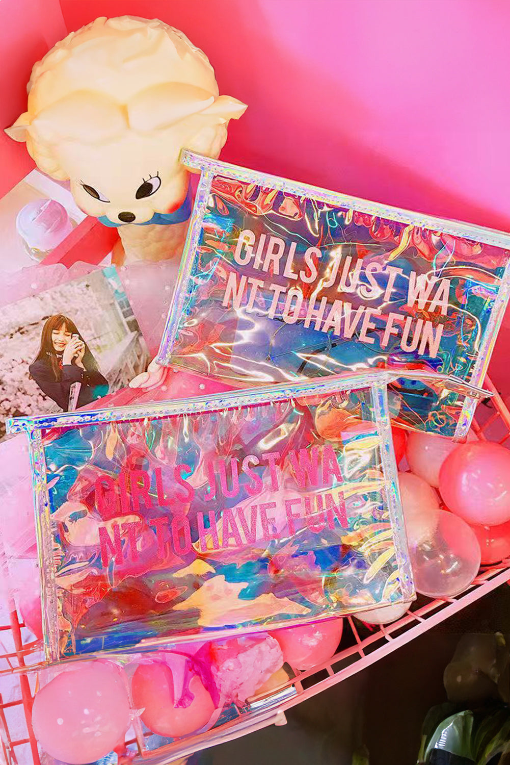 GIRLS JUST WANT TO HAVE FUN Print Clear Clutch