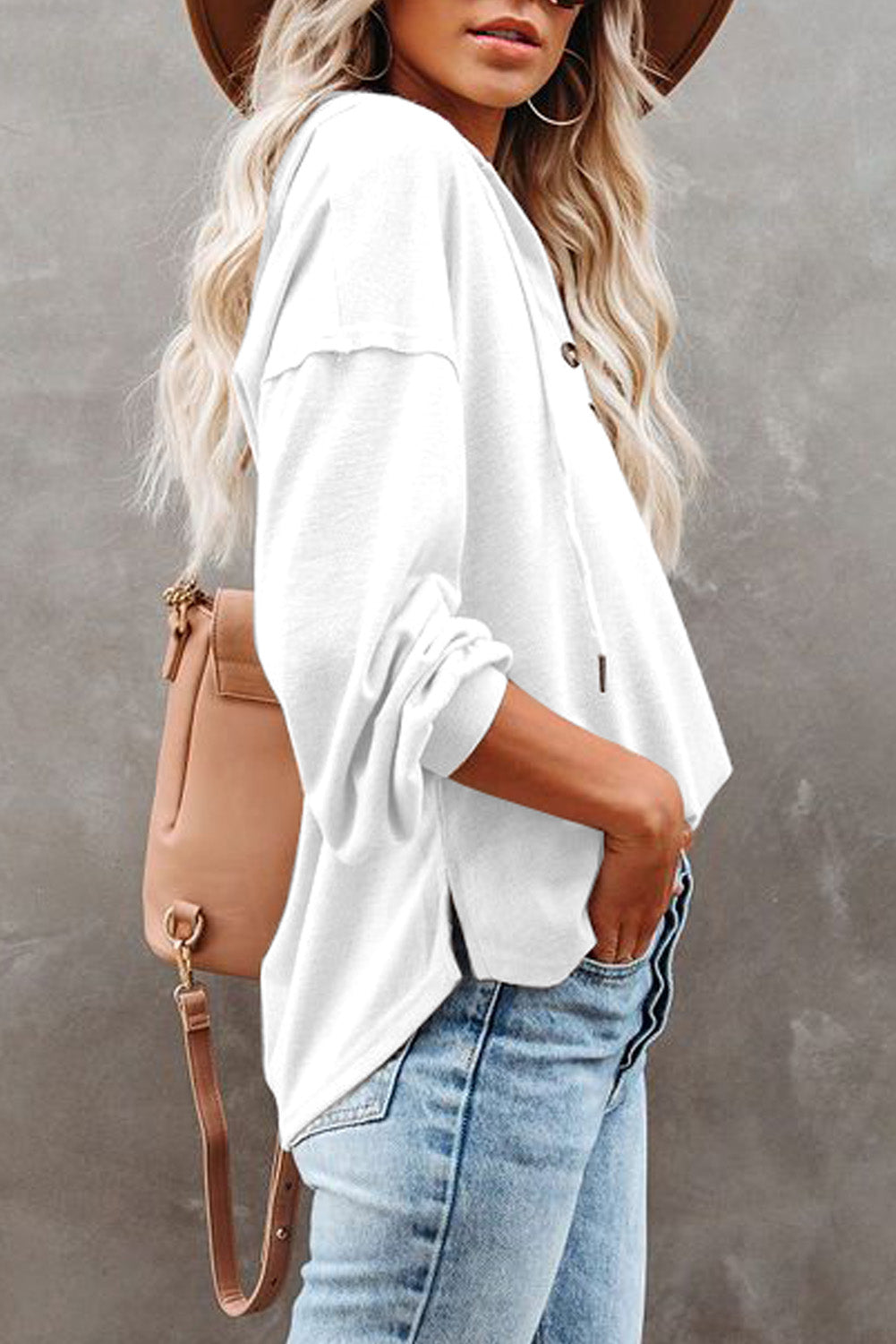 White Buttoned High and Low Hem Hoodie