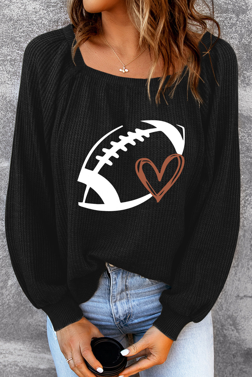 Black Rugby Print Square Neck Puff Sleeve Waffle Top