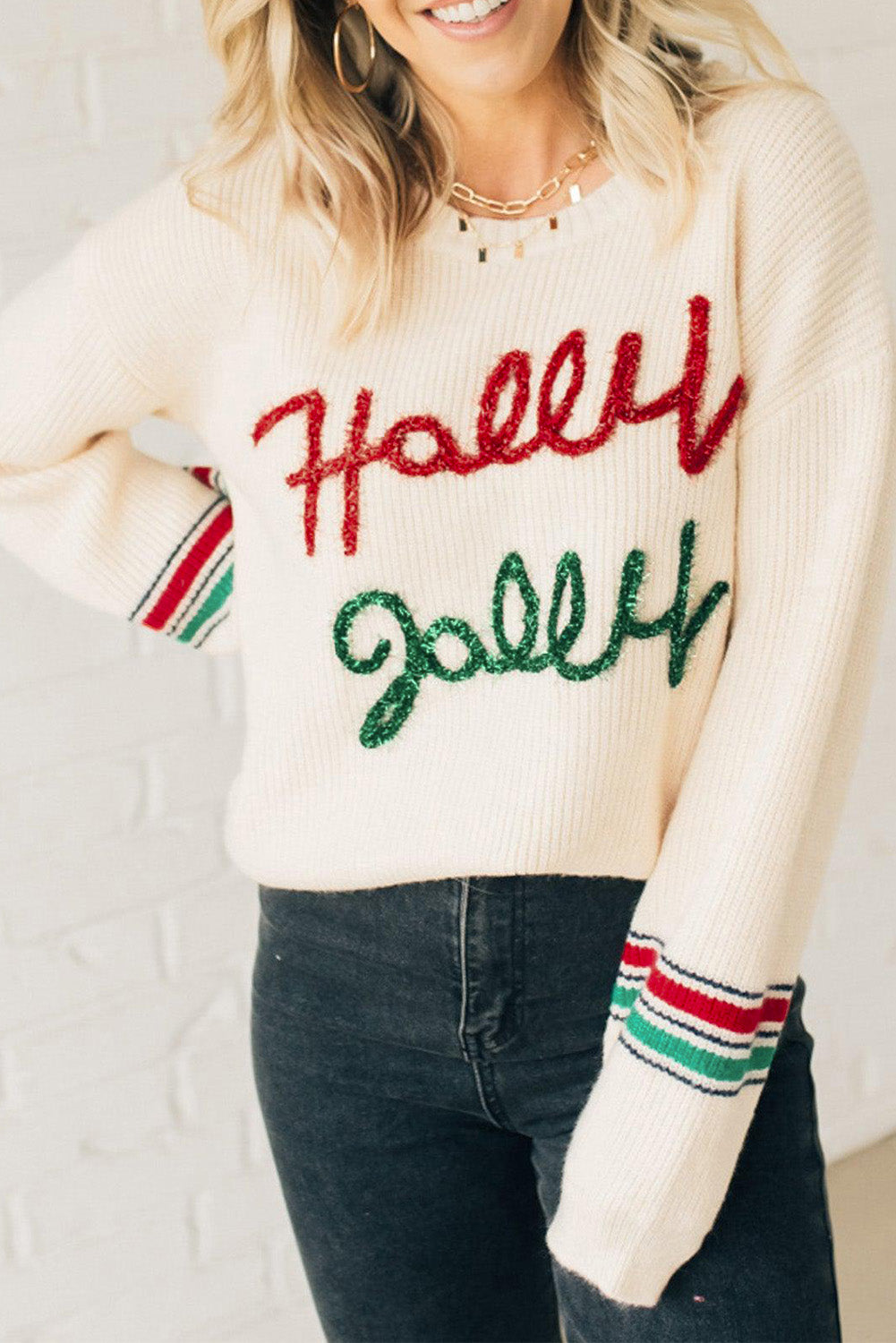 Beige Tinsel Holly Jolly Graphic Round Neck Sweater