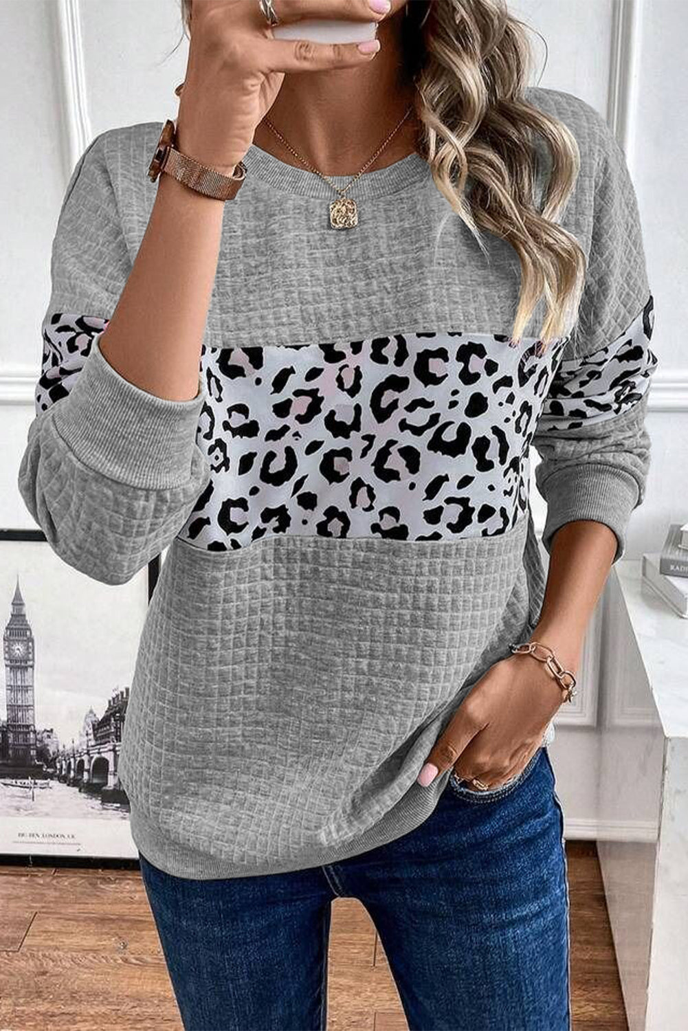 Gray Leopard Quilted Patchwork Pullover Sweatshirt