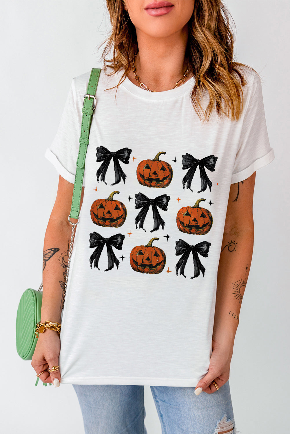 Halloween Pumpkin Face Bowknot Graphic T Shirt