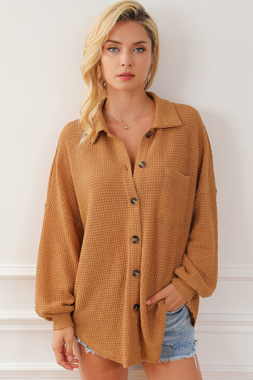 Plus Size Chest Pocket Waffle Knit Shirt