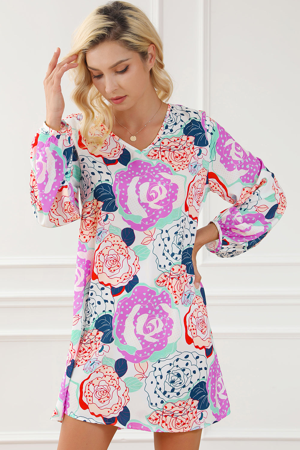 Bracelet Bubble Sleeve Blooming Flower Print Dress